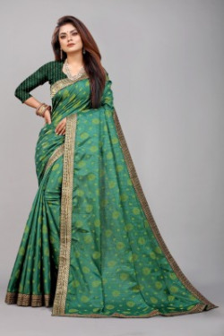 Be4Me.com Printed, Self Design, Blocked Printed, Graphic Print, Polka Print Daily Wear Cotton Linen, Cotton Silk Saree(Dark Green)