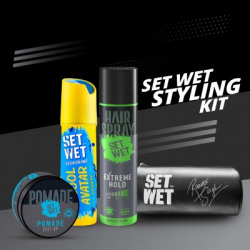 Set Wet Men's Styling Kit-Deodorant(150ml),Pomade(60g),Hair Spray for Men(200ml) & Pouch Deodorant Spray - For Men(410 ml, Pack of 4)