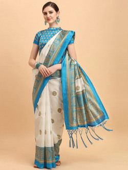 MOKSHA DESIGNS Turquoise Blue & Cream-Coloured Floral Art Silk Baluchari Saree