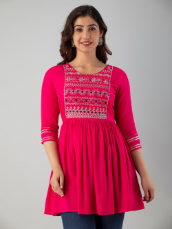 CKM Pink & Silver-Toned Embroidered Longline Top