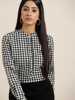 Hancock Women Black & White Gingham Checked Formal Shirt