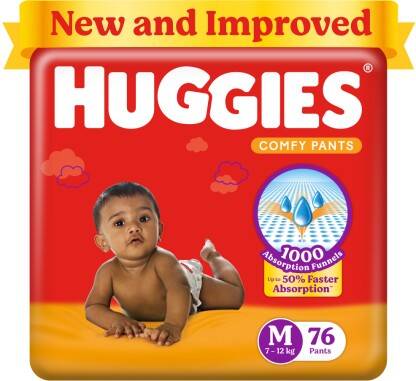 HUGGIES COMFY BABY DIAPER PANTS, UPTO 50% FASTER ABSORPTION - M(76 PIE