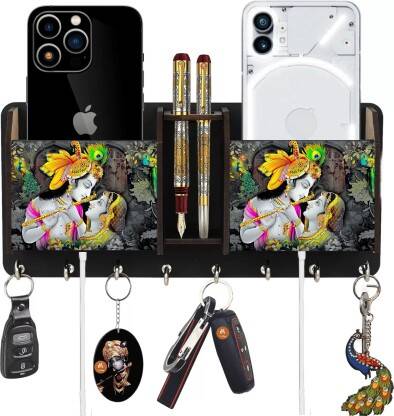 Khatu Crafts Printed Radhakrishna Two Box Wood Key Holder(8 Hooks, Mul