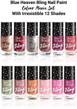 BLUE HEAVEN Bling Nail Paint Colour Mania Set MultiColor(Pack of 12)