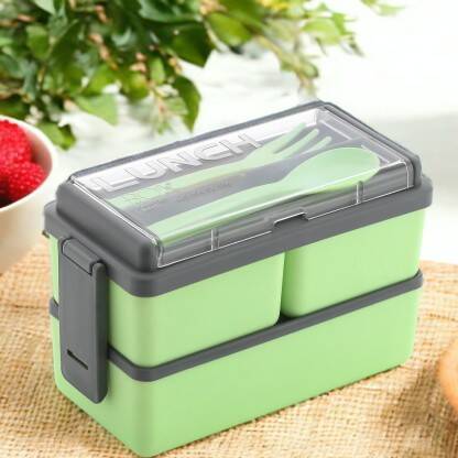 OMORTEX Rectangular Classy 3 Section With 1 Spoon & 1 Fork 3 Container